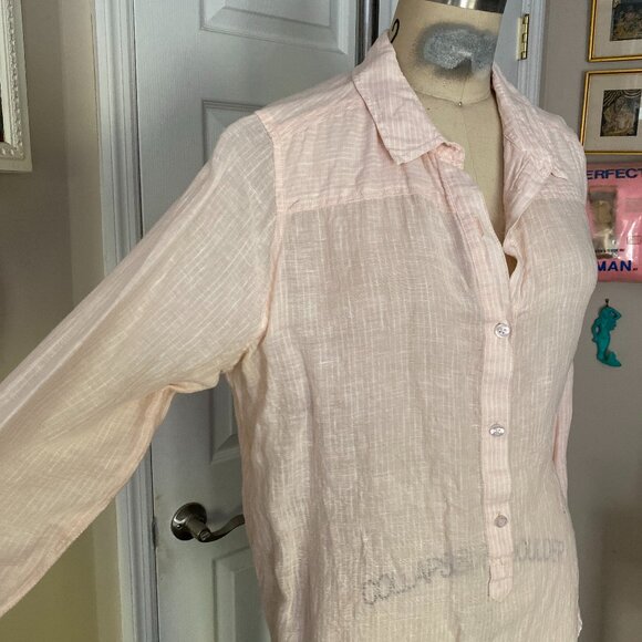 LUCKY BRAND Pink White Pin Stripe 100% LINEN Long Tunic Shit *MEDIUM* - Picture 3 of 6